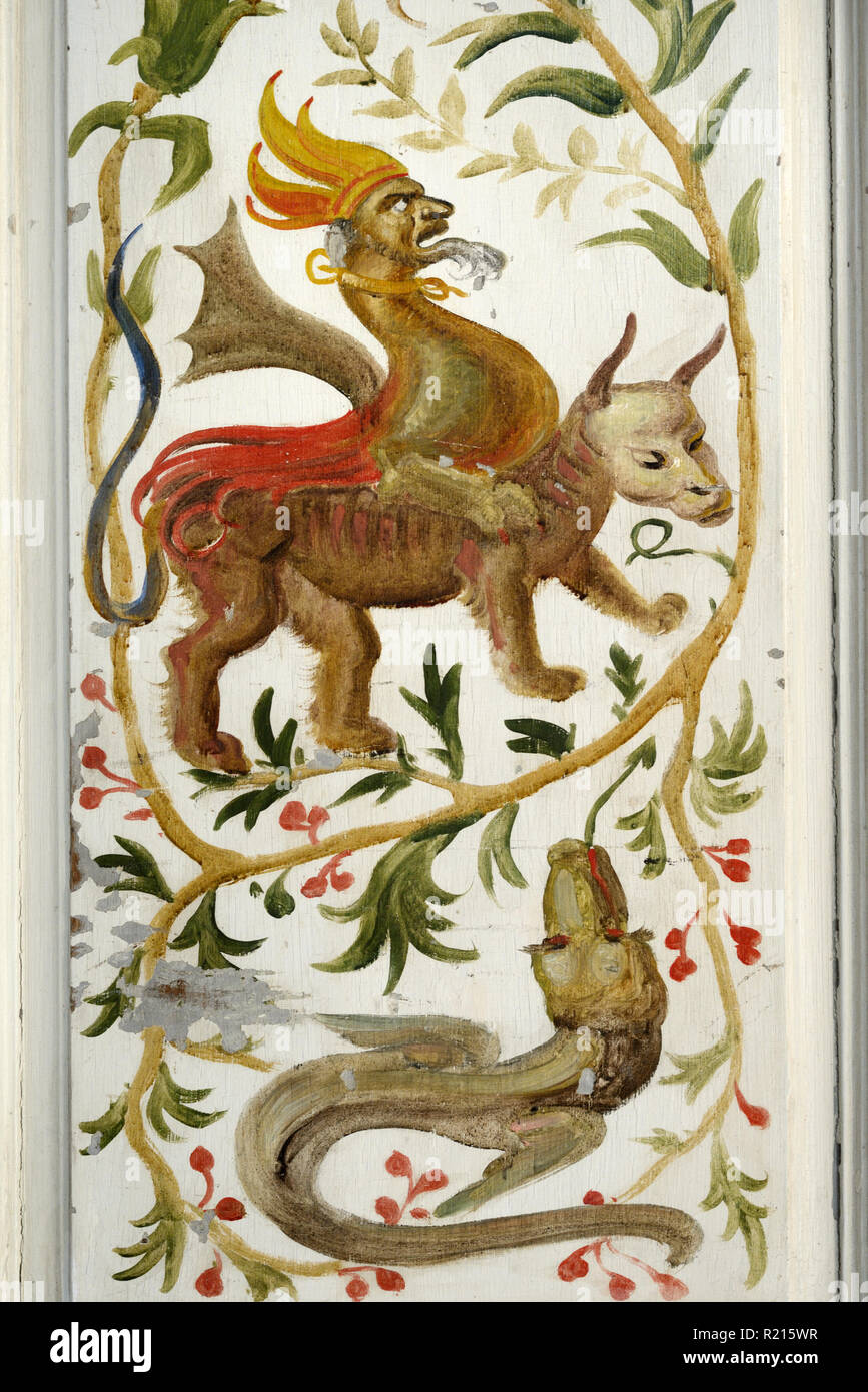 Mythical Creatures inluding a Dragon-like Creature from Bestiary Scene on Interior Painted Doors Provence c19th Fance Stock Photo