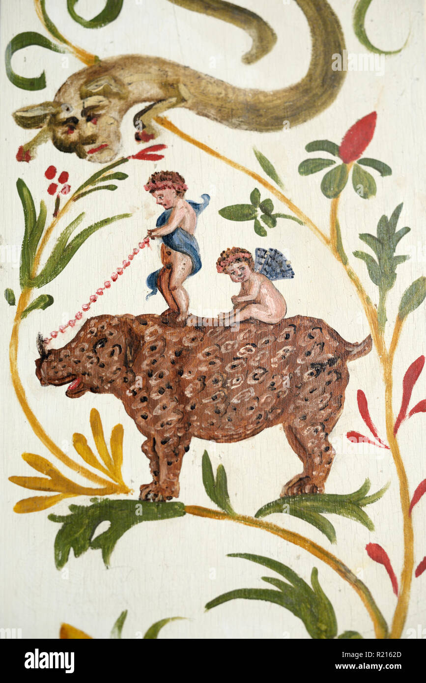 Surreal Painting or Fantasy Scene of Children Riding a Hippo or Hippopotamus in Bestiary Scene from Interior Painted Doors Provence c19th France Stock Photo
