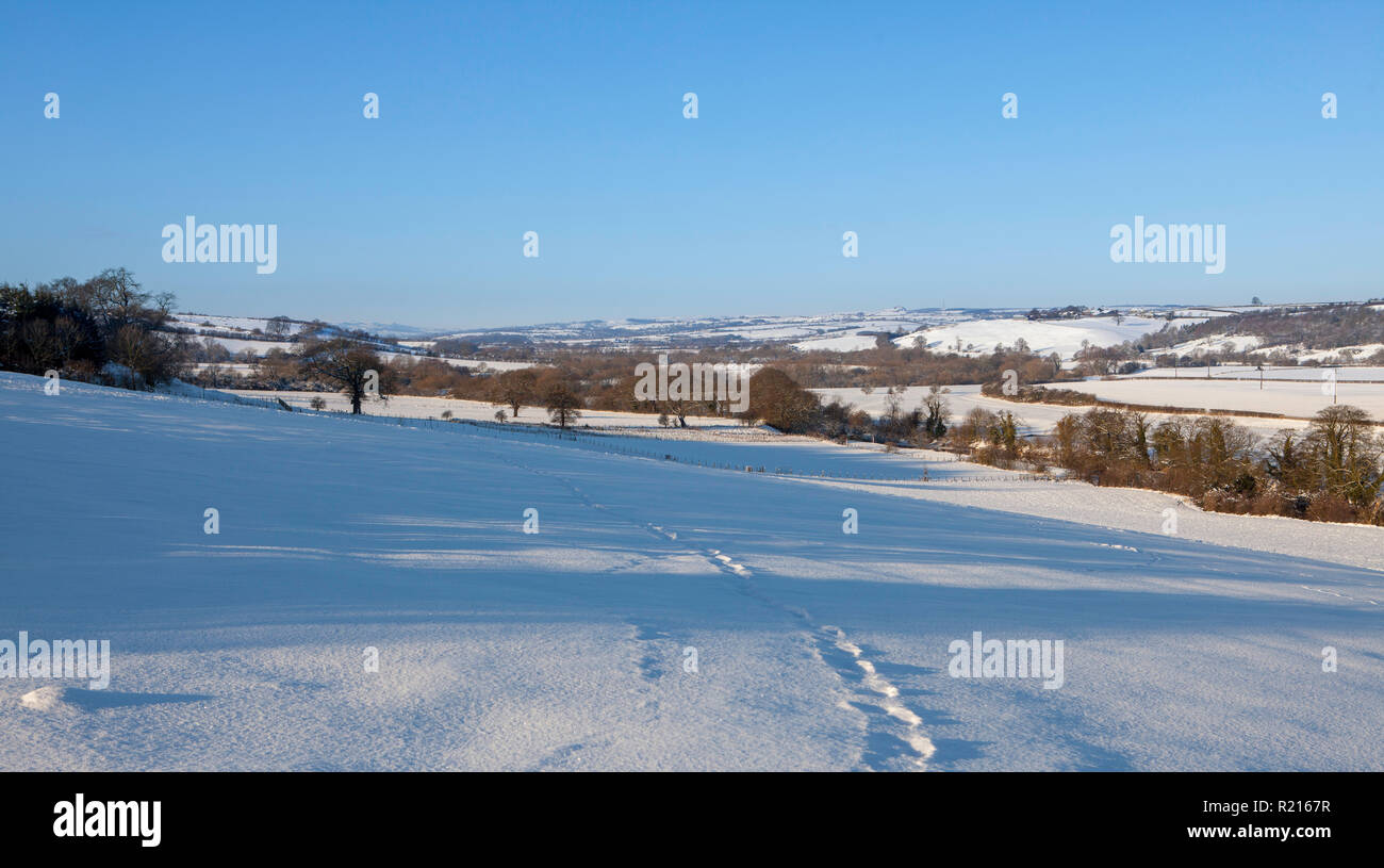 Snowy winter view of Lower Wharfedale near east Keswick with the fields blanketed with a layer of fresh snow Stock Photo