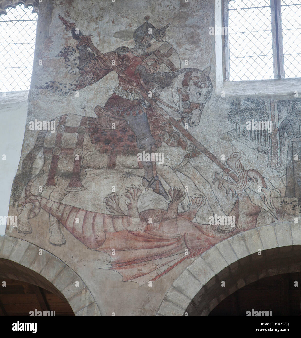 St George and the dragon: a medieval wall paintings in St. Peter and St. Paul's church in Pickering, North Yorkshire Stock Photo