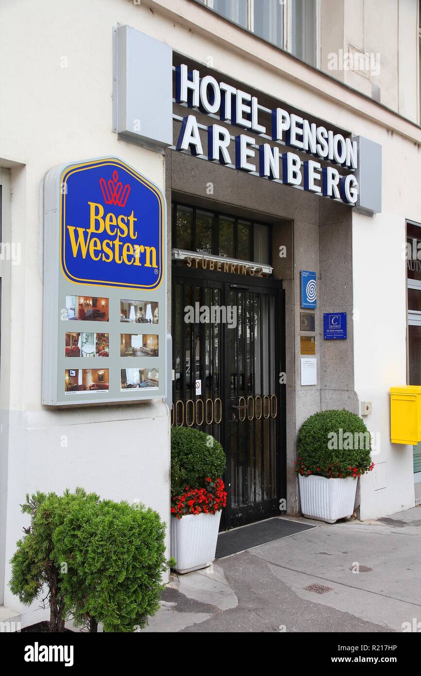 VIENNA - SEPTEMBER 9: Hotel Arenberg entrance on 9, 2011 in Vienna. It is part of Best Western hotel marketing group. Best Western has 4,000+ location Stock Photo