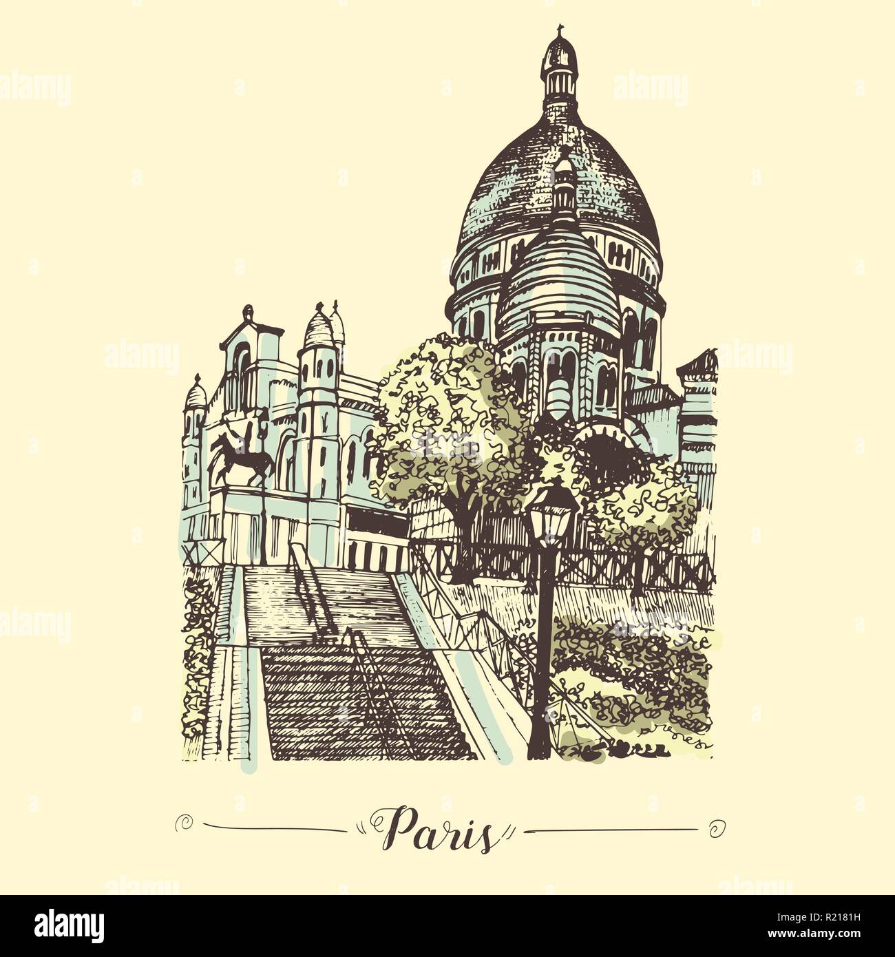 The Basilica of the Sacred Heart of Paris hand drawn sketch. Famous parisian historical building. Montmartre popular touristic site. Stock Vector