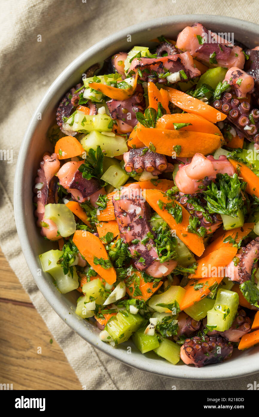 Homemade Mediterranean Octopus Salad with Vegetables and Dressing Stock