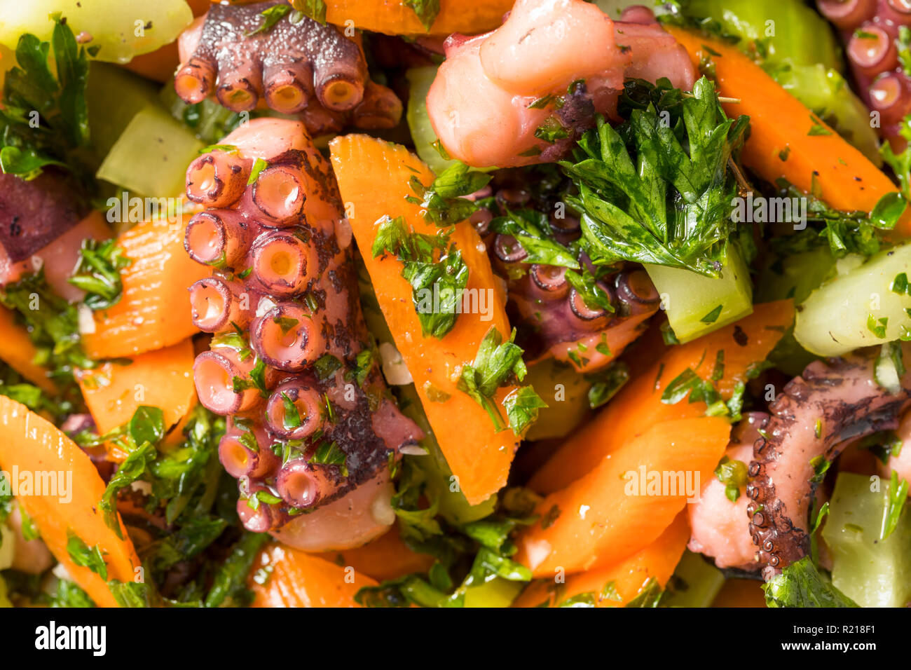 Homemade Mediterranean Octopus Salad with Vegetables and Dressing Stock