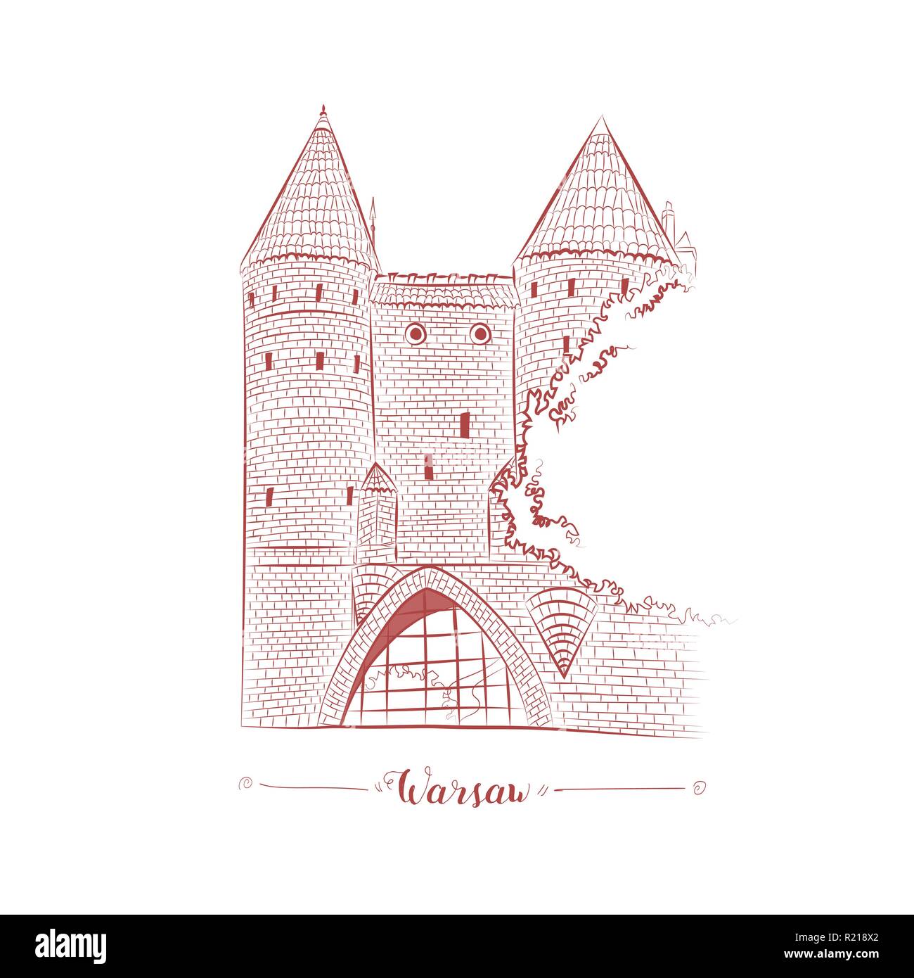 Warsaw fortress in old town hand drawn sketch. European brick castle vector. Stock Vector