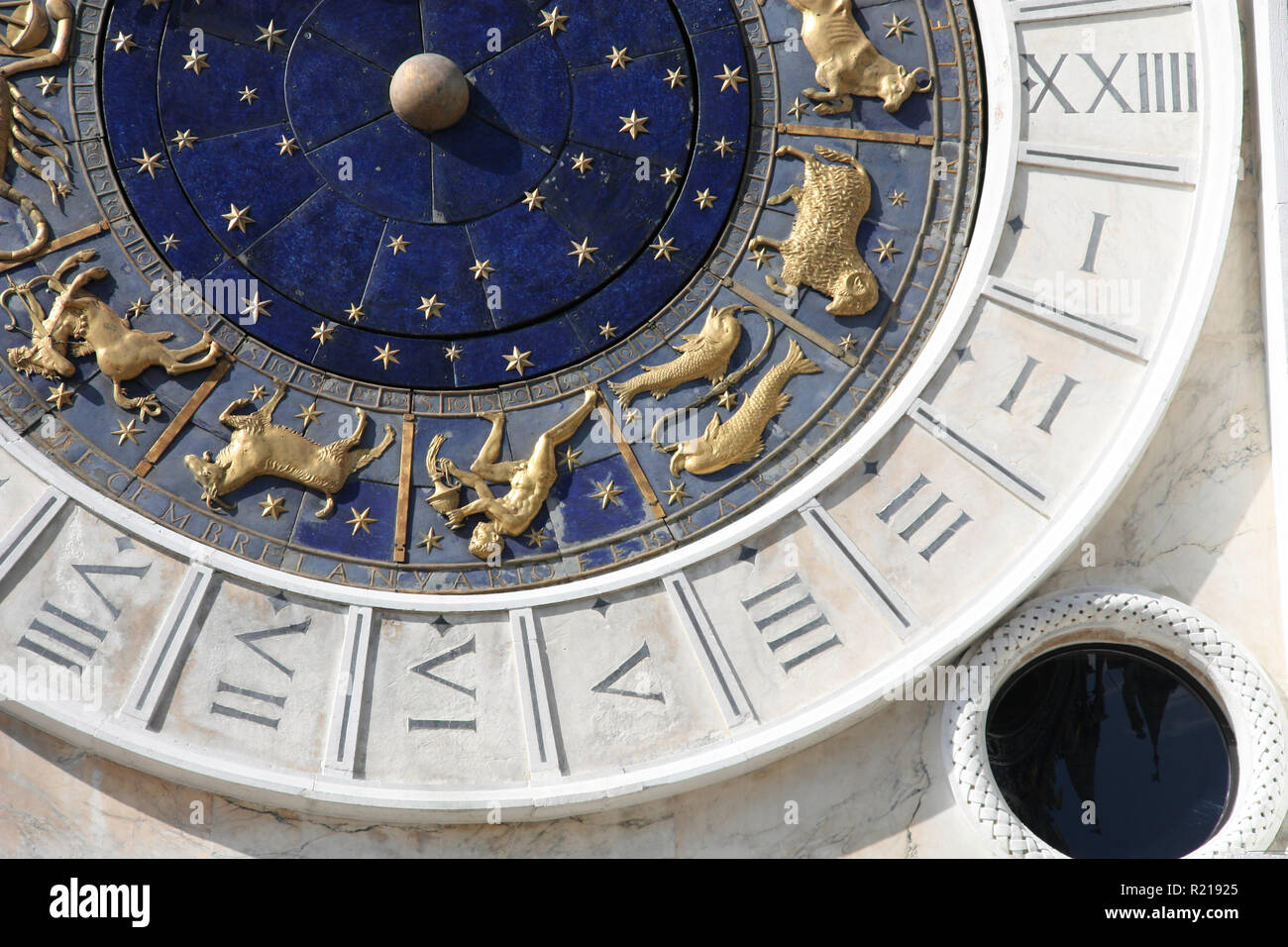 Old astronomic clock detail in Venice, Italy. UNESCO World Heritage Site. Stock Photo