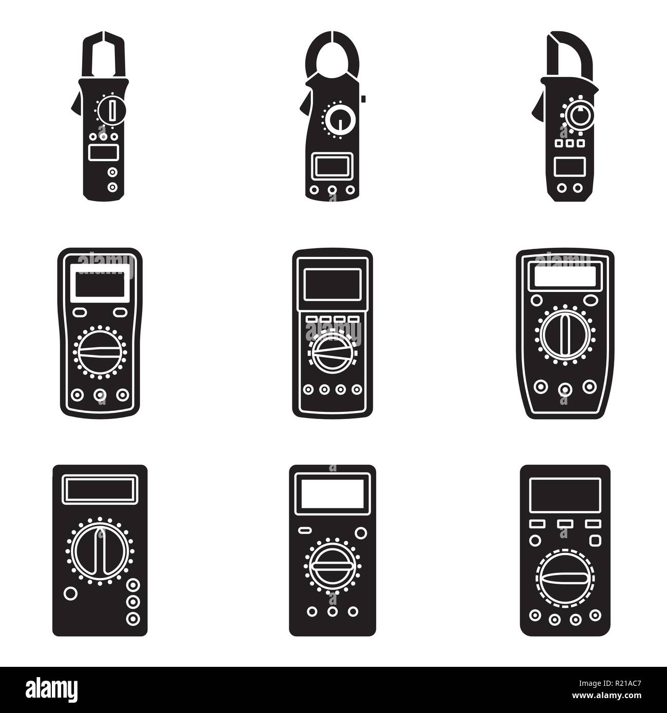 Digital multimeter icon set. Measuring instrument. Silhouette vector