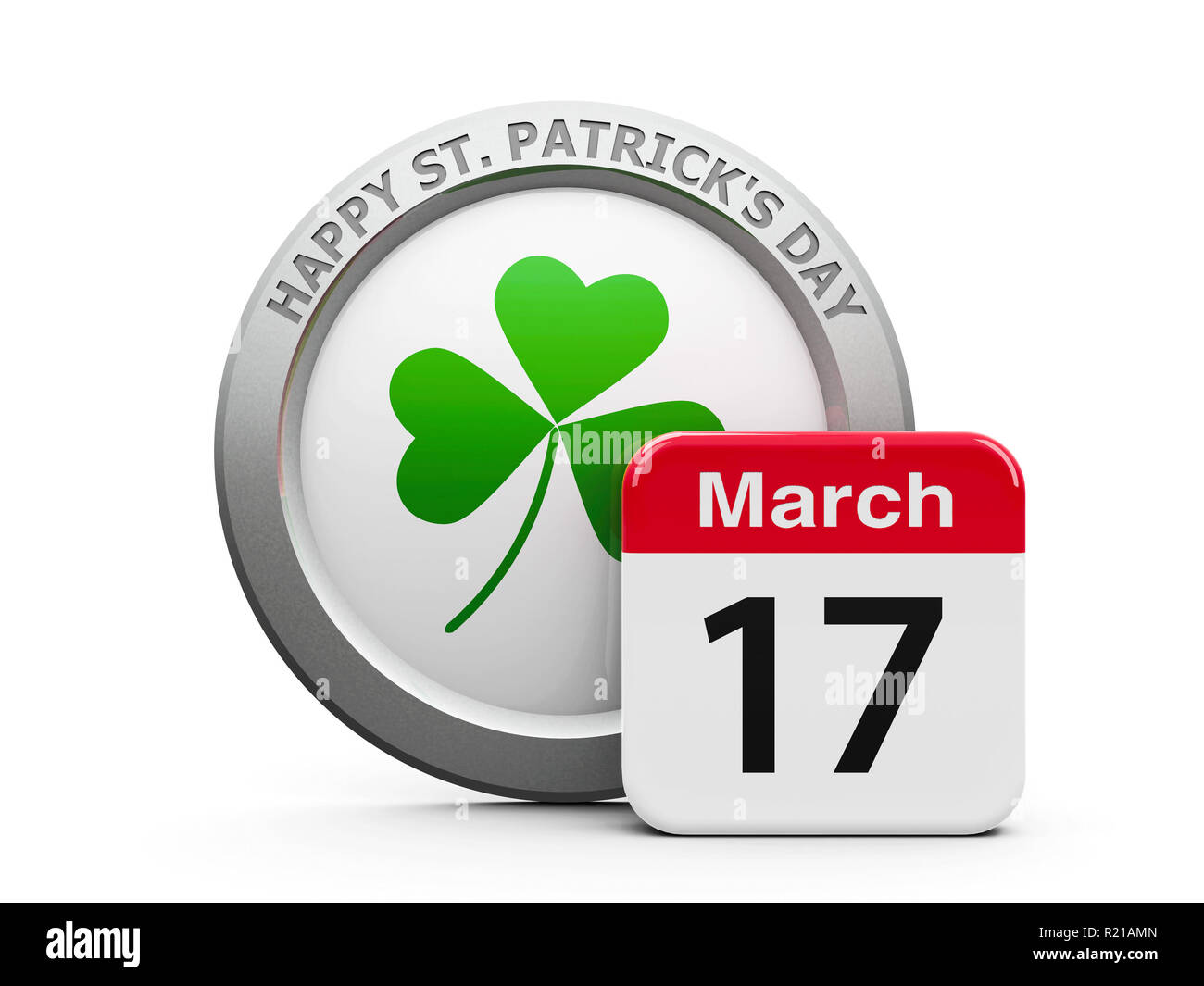 Emblem of trefoil with calendar button - The Seventeenth of March - represents Happy Saint Patrick's Day, three-dimensional rendering, 3D illustration Stock Photo