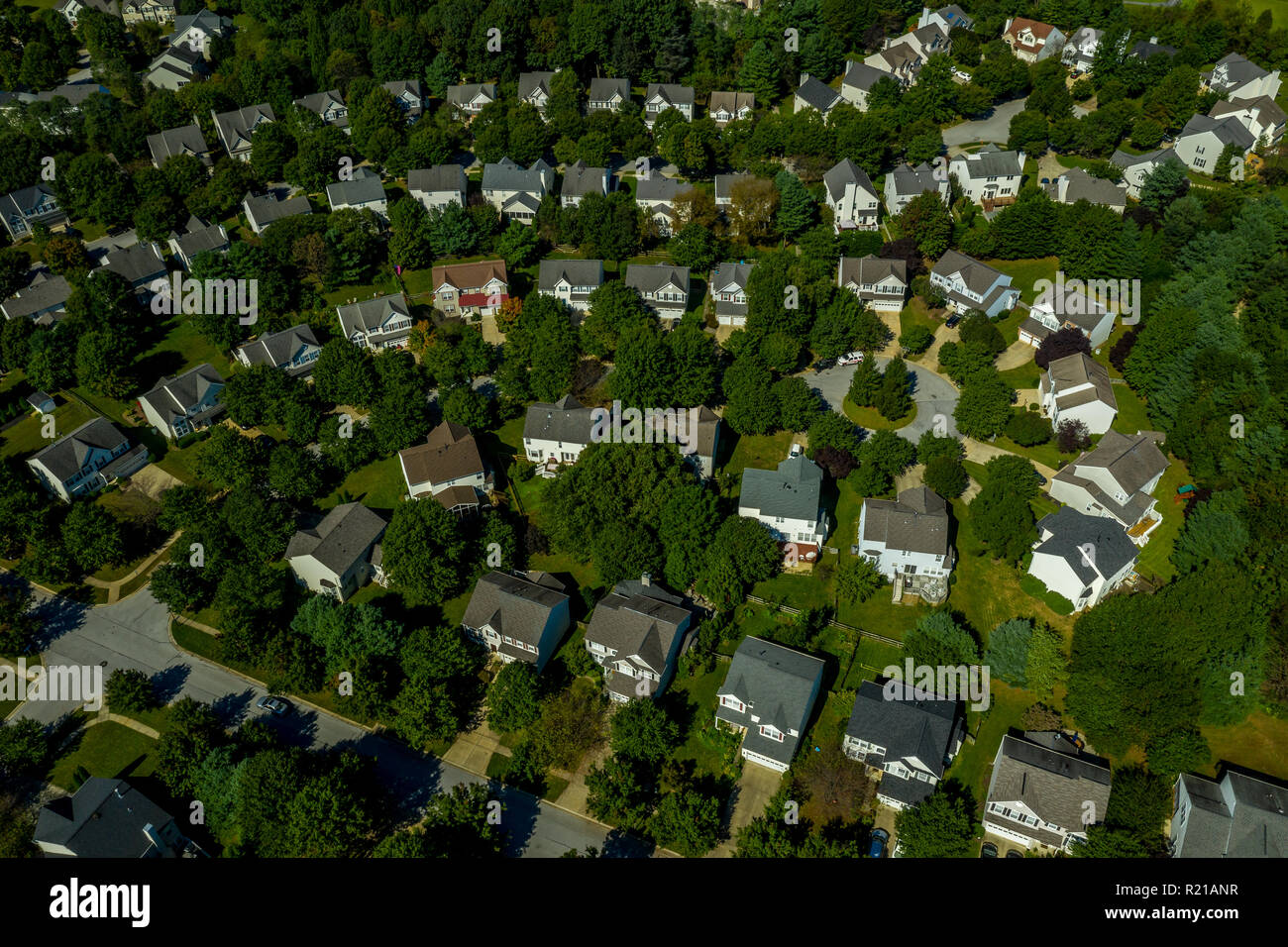 Aerial landscape of typical American new construction neighborhood in Maryland for the upper