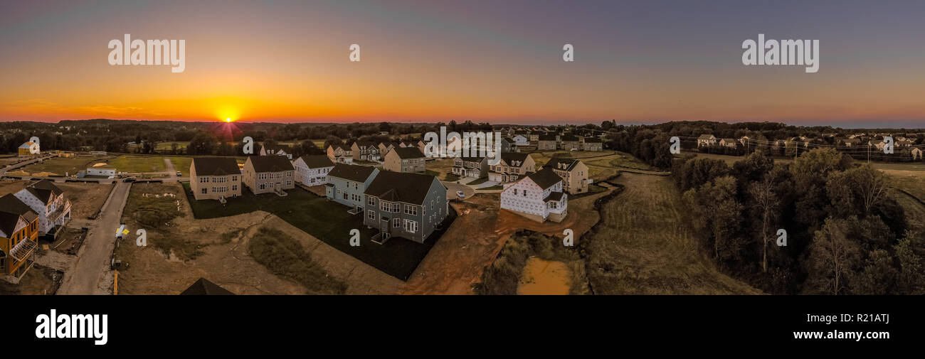 Aerial landscape of typical American new construction neighborhood in Maryland for the upper middle class, luxury single family homes real estate Stock Photo