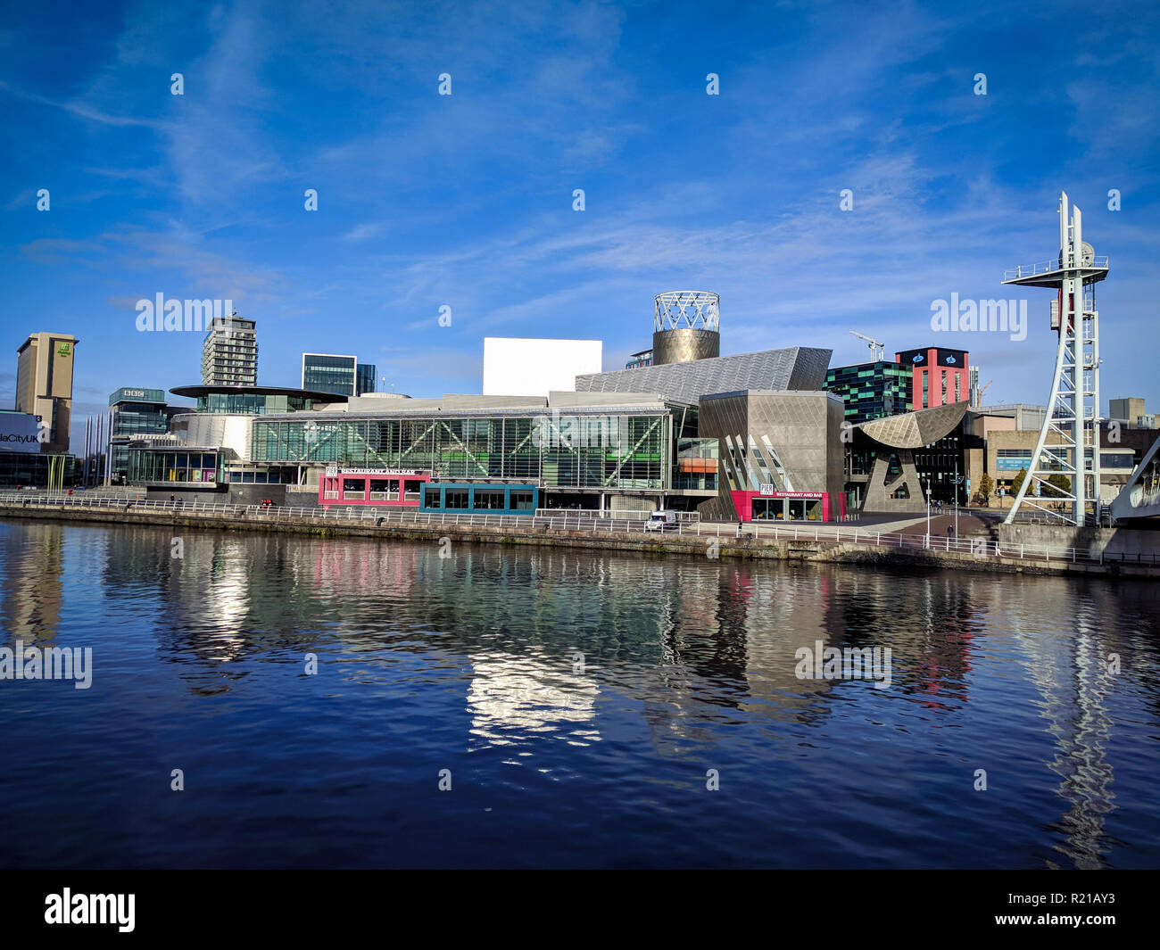 The Lowry in Manchester - beautiful image of this modern architectural complex - amazing city skyline in perfect weather Stock Photo