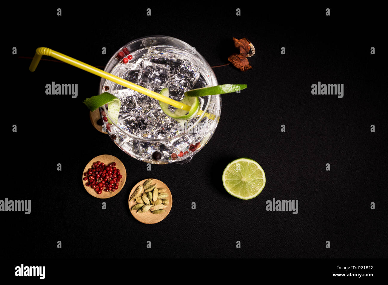 tasty and fresh gin and tonic cocktail on a black background next to your ingredients Stock Photo