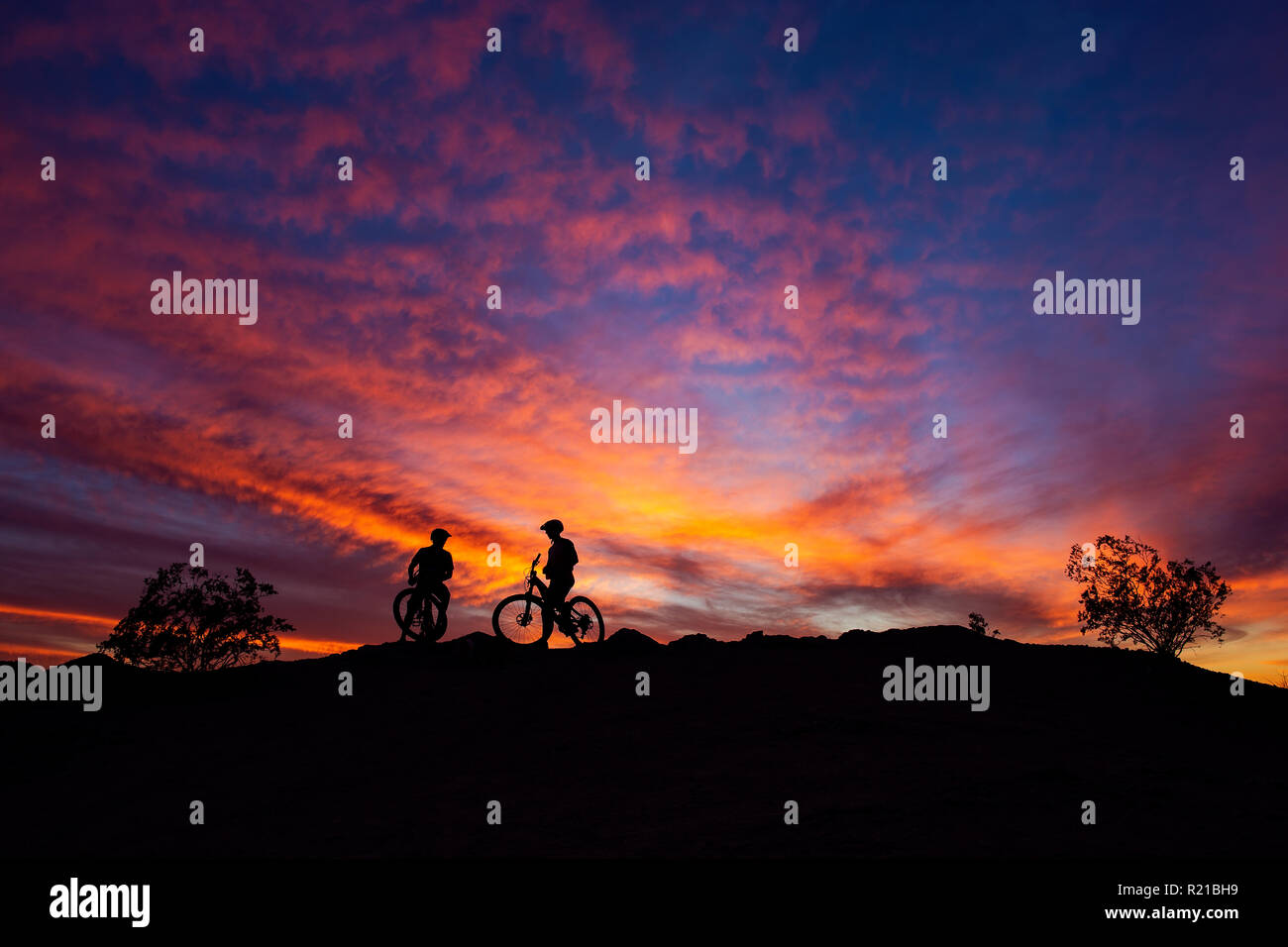 Mountain bikers enjoy a colorful, desert sunset in South Mountain Park, Phoenix, Arizona, USA Stock Photo