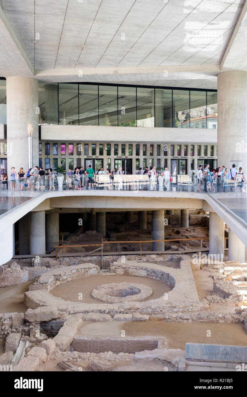 The entrance of the Acropolis Museum in Athens, Greece above an archeological dig site. Stock Photo