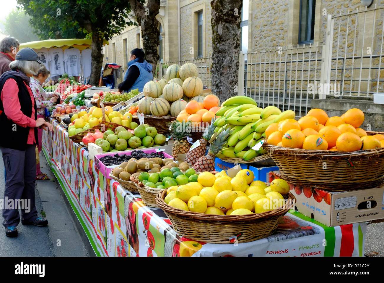 St-Cyprien, Dordogne, France - 24th September 2015: Colourful fruit and vegetables displayed during the Sunday street market in St-Cyprien, Dordogne, France Stock Photo