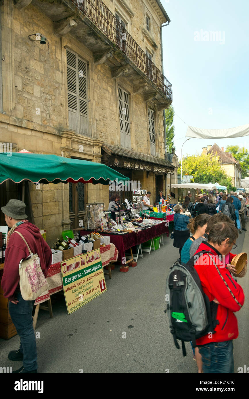 St-Cyprien, Dordogne, France - 24th September 2015: Sunday street market in St-Cyprien, Dordogne, France Stock Photo