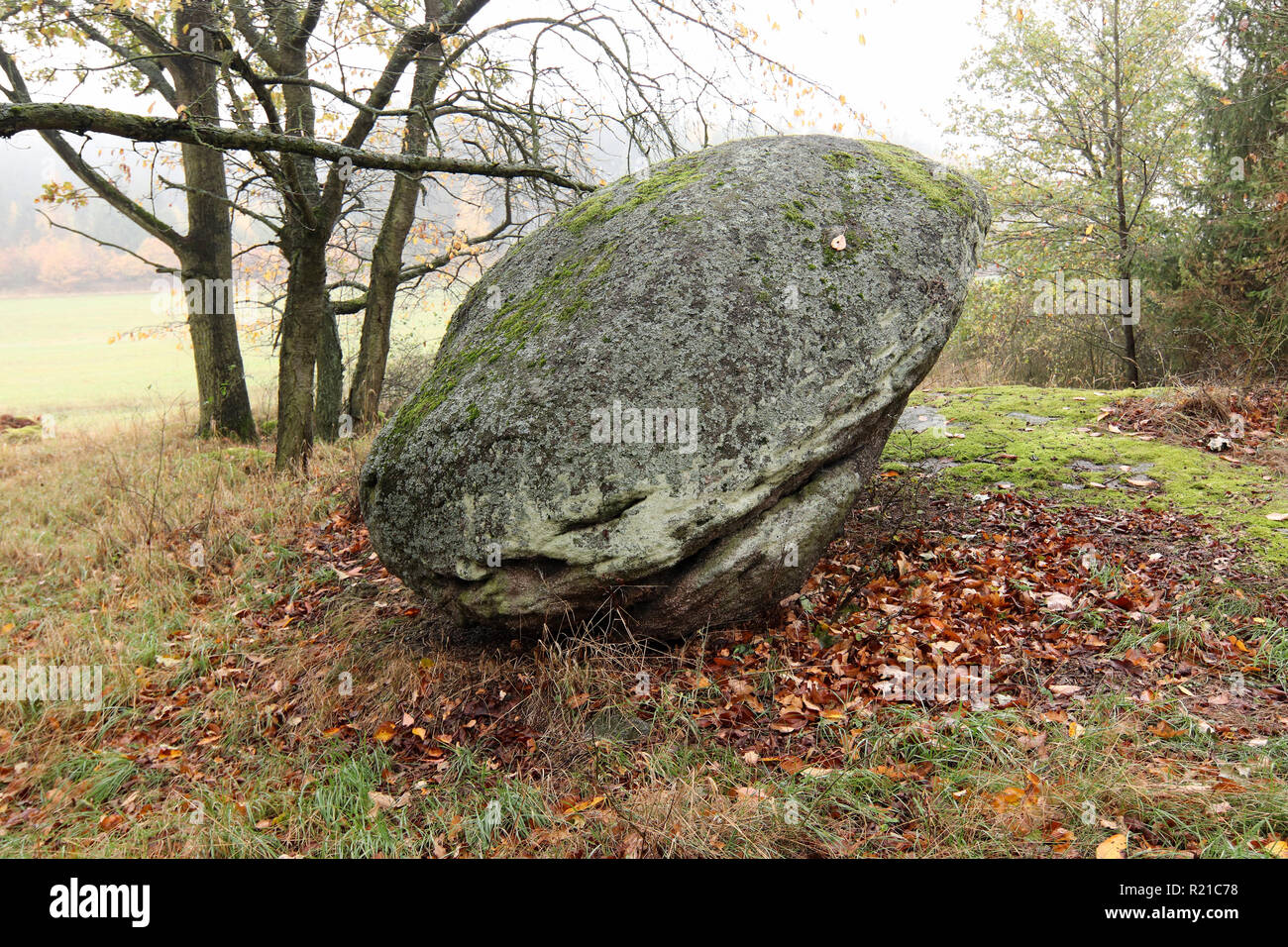 Balanced boulder - interesting rock formation, Radvanov village, Czech Republic Stock Photo