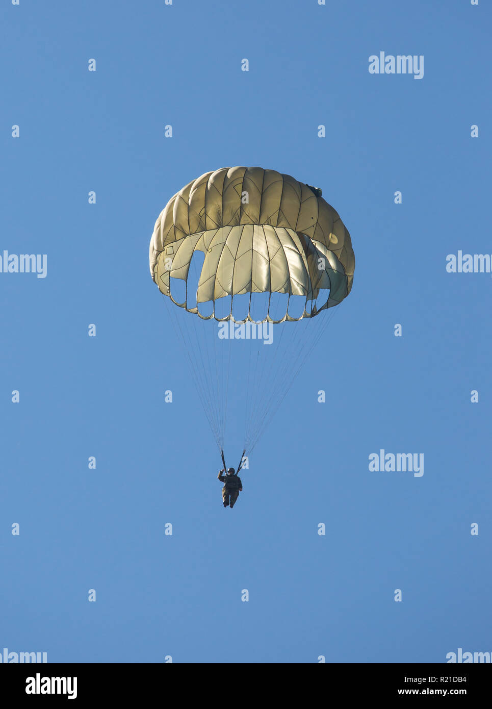 MONROE, NC (USA) - November 10, 2018:  An army paratrooper floats to the ground during a demonstration at the Warbirds Over Monroe Air Show. Stock Photo