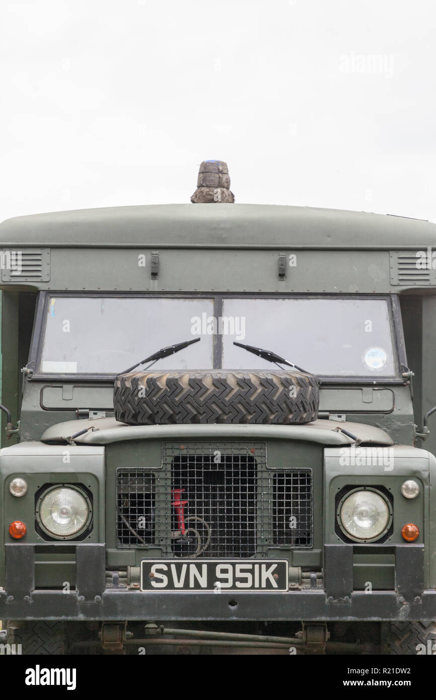 A 1972 British Army Series III Land Rover battlefield ambulance at a military vehicle display in Durham Light Infantry Museum, County Durham, UK Stock Photo