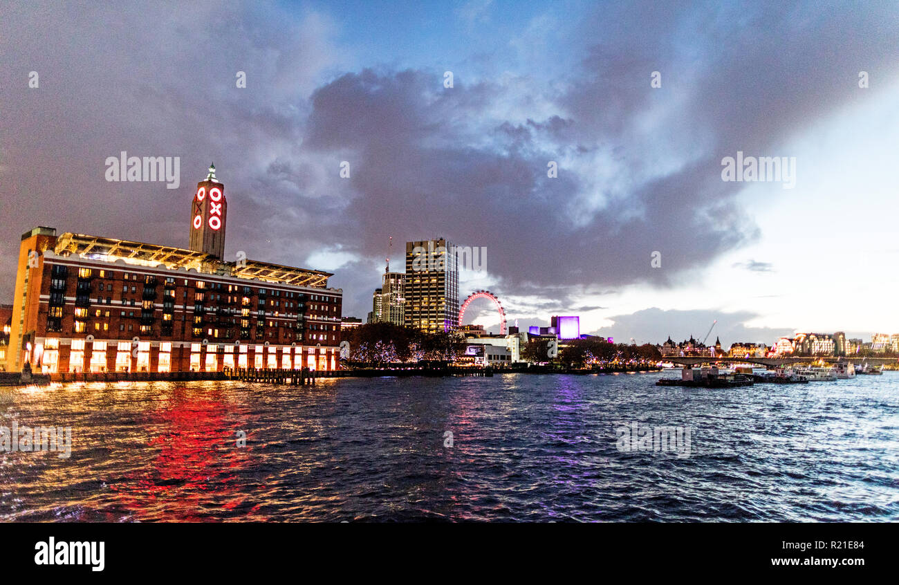 River View at Night Towards the Oxo Building London UK Stock Photo