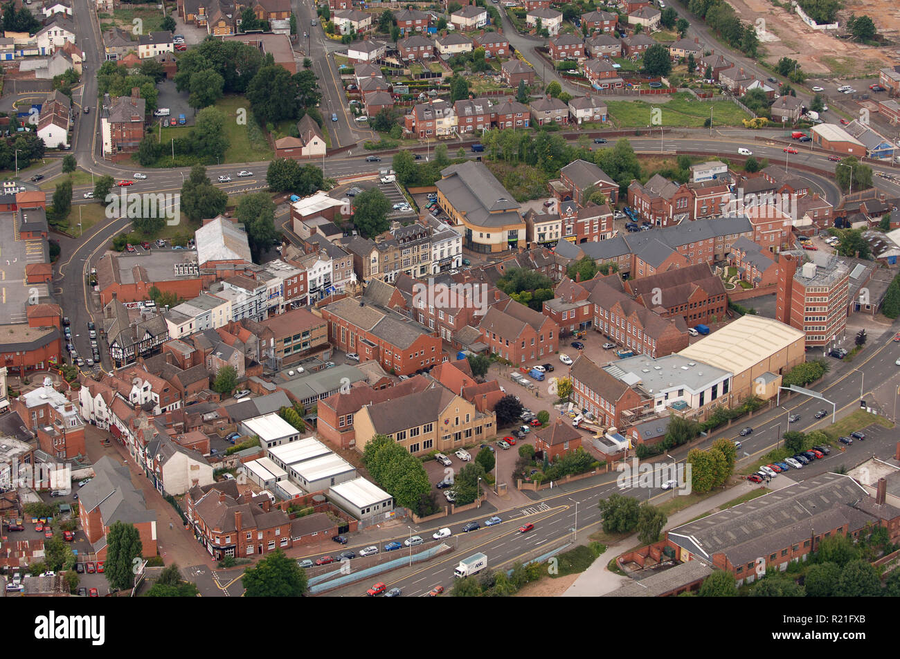 Aerial view of Stourbridge town centre, West Midlands, Uk showing Lower High Street and Kind Edward VI College Stock Photo