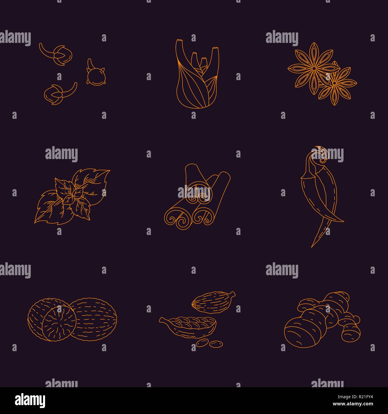 Spices set of linear icons. Vector image Stock Vector