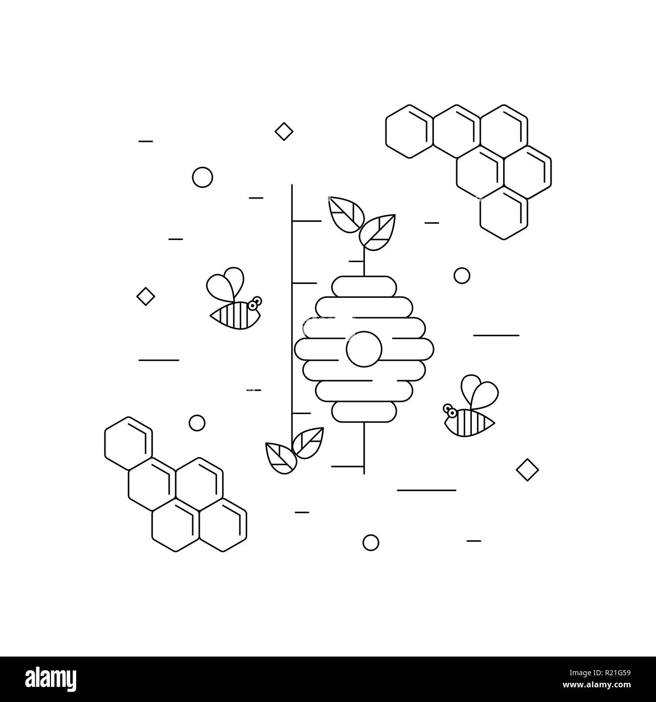 wild honey, bees and beehive on the tree. Vector linear icon for print , web site, flyer Stock Vector