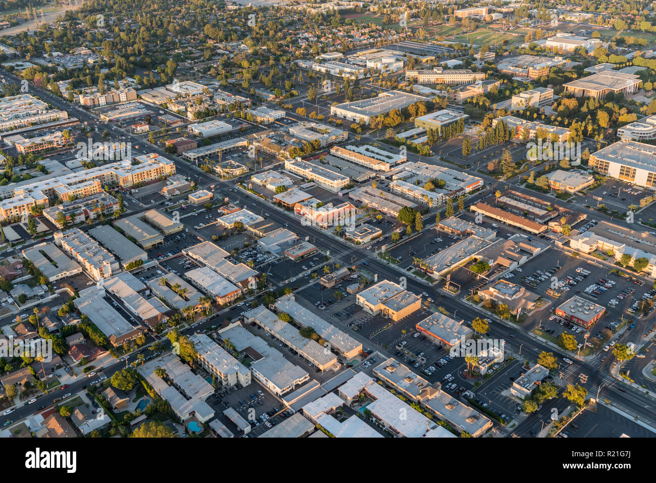 Los Angeles, California, USA - October 21, 2018:  Aerial view of Reseda Blvd near Cal State University Northirdge in the San Fernando Valley area of L Stock Photo