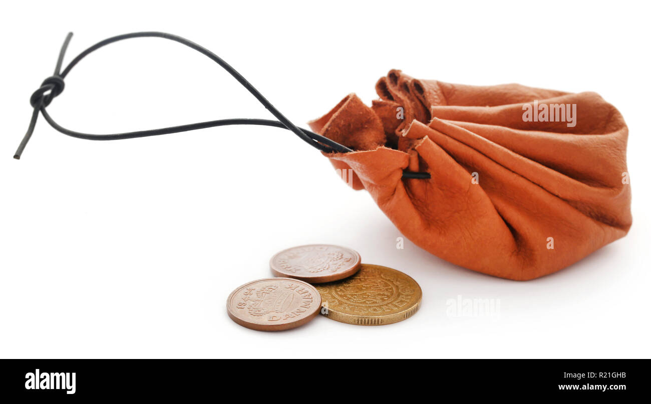 Leather coin pouch with Danish Krone over white background Stock Photo