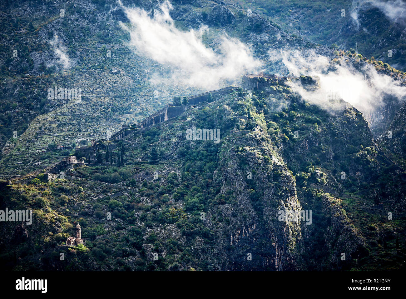 Historical wall of Saint John fortress in Kotor city on the Kotor Bay