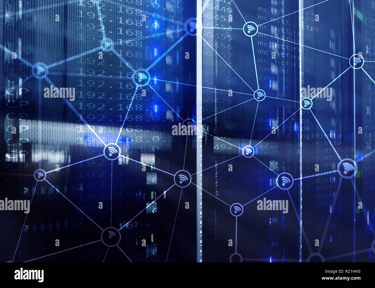 Wi fi network abstract structure on modern server room background Stock ...