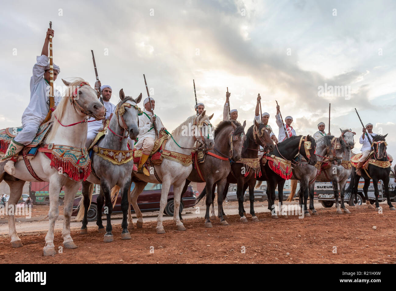 Serba or team of moroccan horse riders waiting for their gunpowder play show Stock Photo