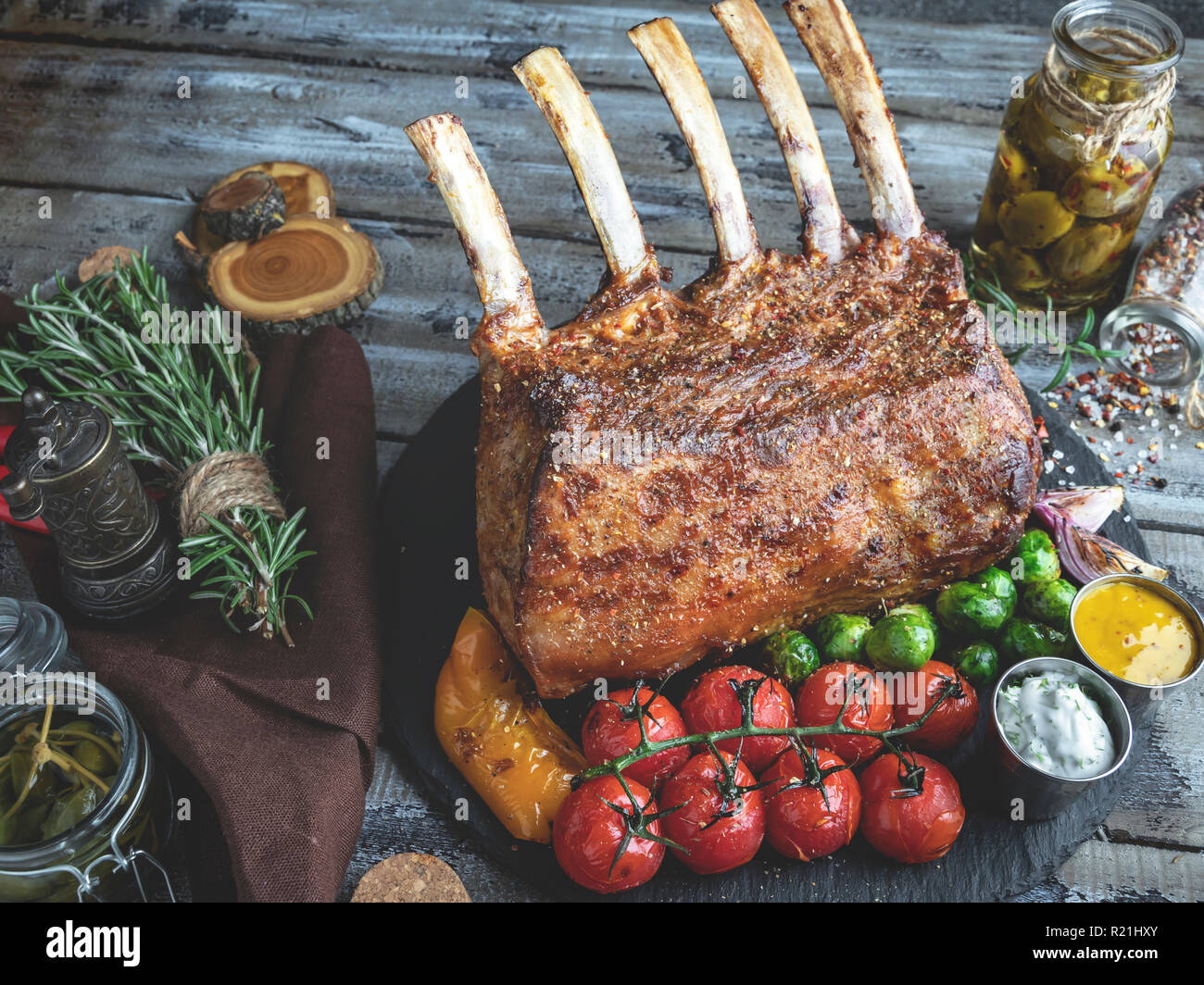 Grilled roasted rack of lamb chops with vegetables Stock Photo Alamy