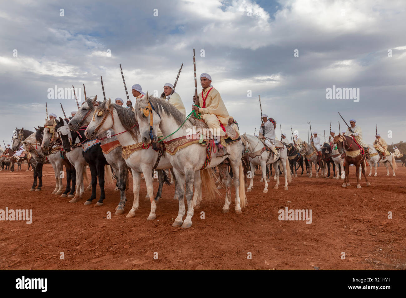 Serba or team of moroccan horse riders waiting for their gunpowder play show Stock Photo