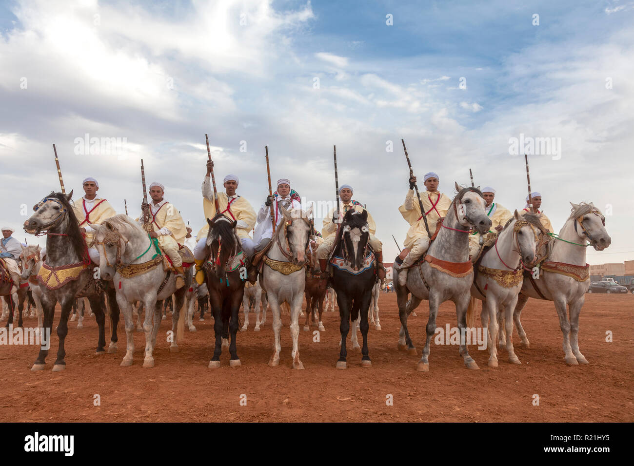 A team of horse riders generally refered to as 'Serba' in arabic.They are preparing for the horse ride and gunpowder play show Stock Photo