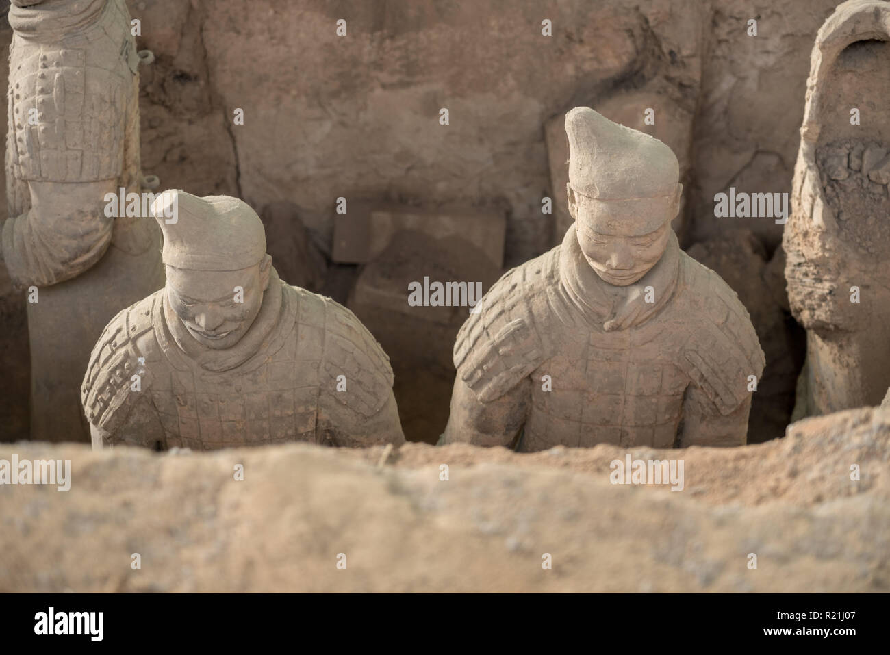 Terracotta Army warriors buried in Emperor tomb outside Xian China Stock Photo