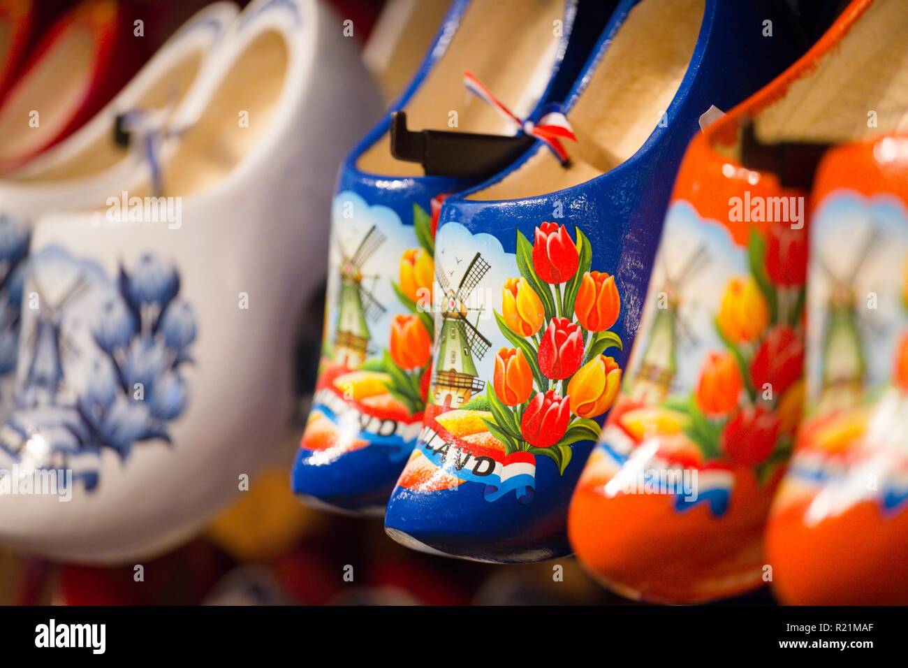 lot of multicolored souvenir Dutch wooden shoes klomp in the shop Stock Photo Alamy