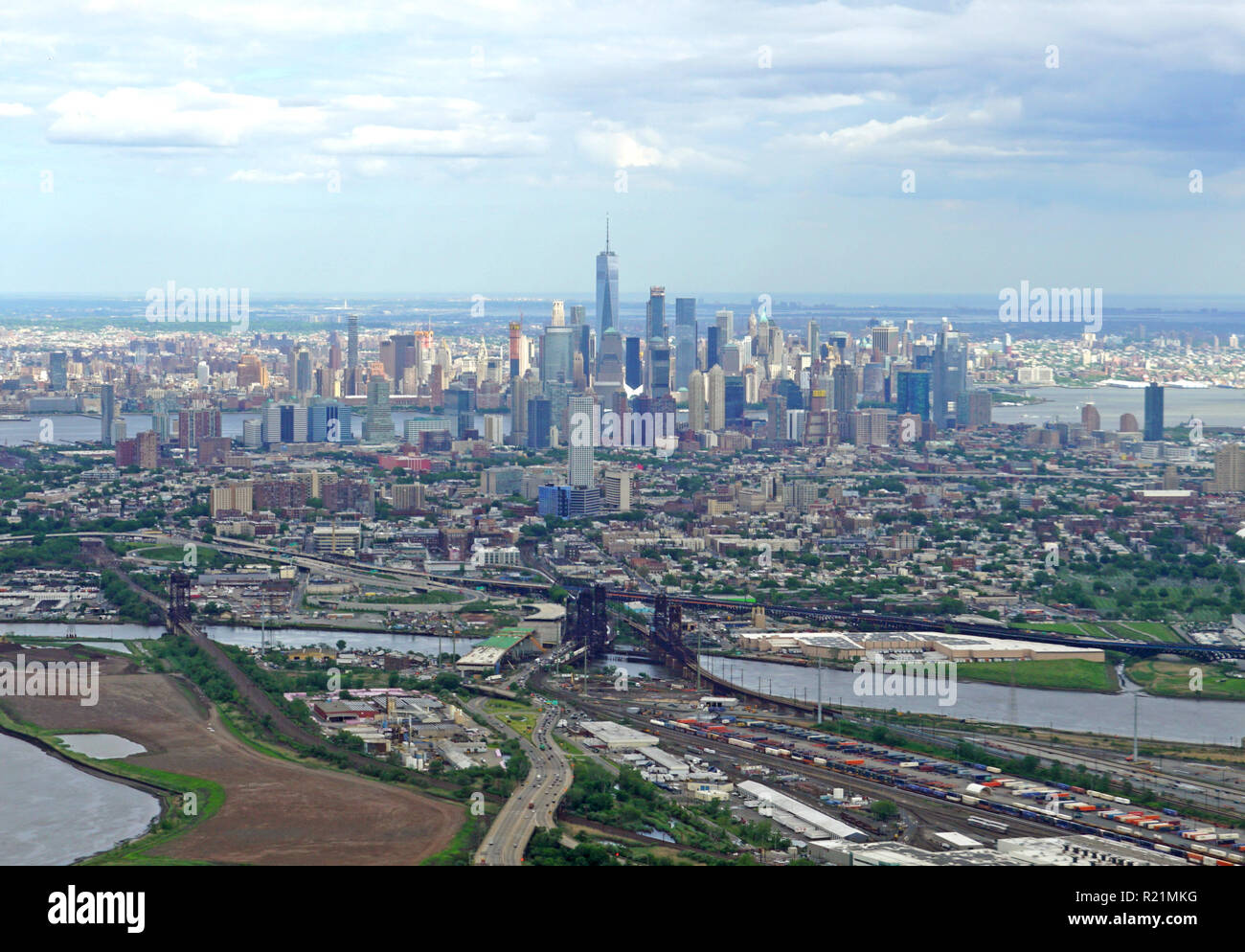 Aerial View Of The Manhattan Skyline In New York City Seen From An Airplane Window In New Jersey Stock Photo Alamy