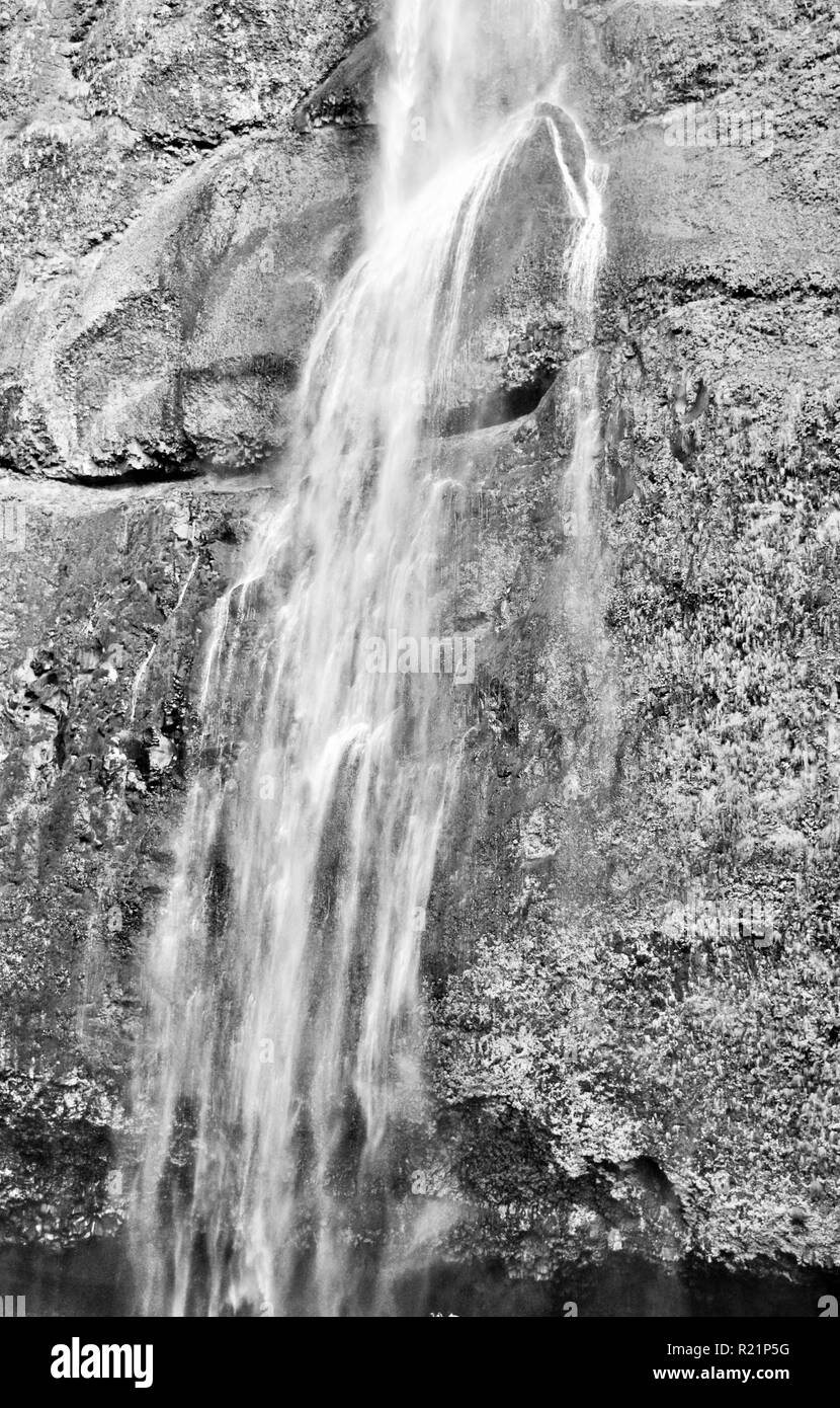 Close Up of Multnomah Falls, Oregon in black and whiite Stock Photo