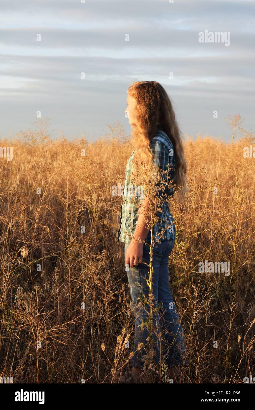 Girl in Field During Sunset Stock Photo