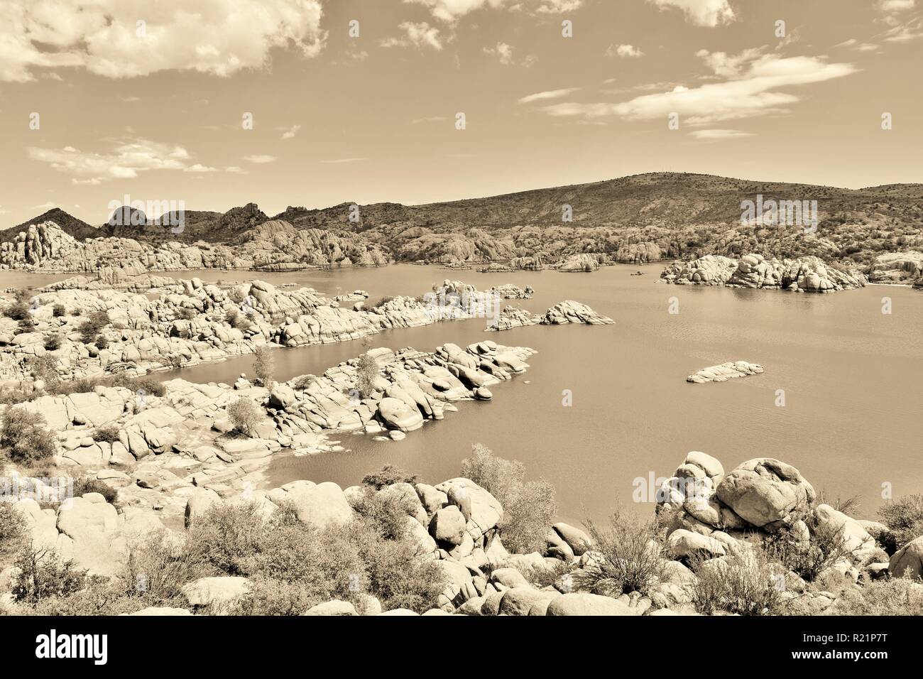 Watson Lake, Prescott, Arizona in tinted black and white Stock Photo