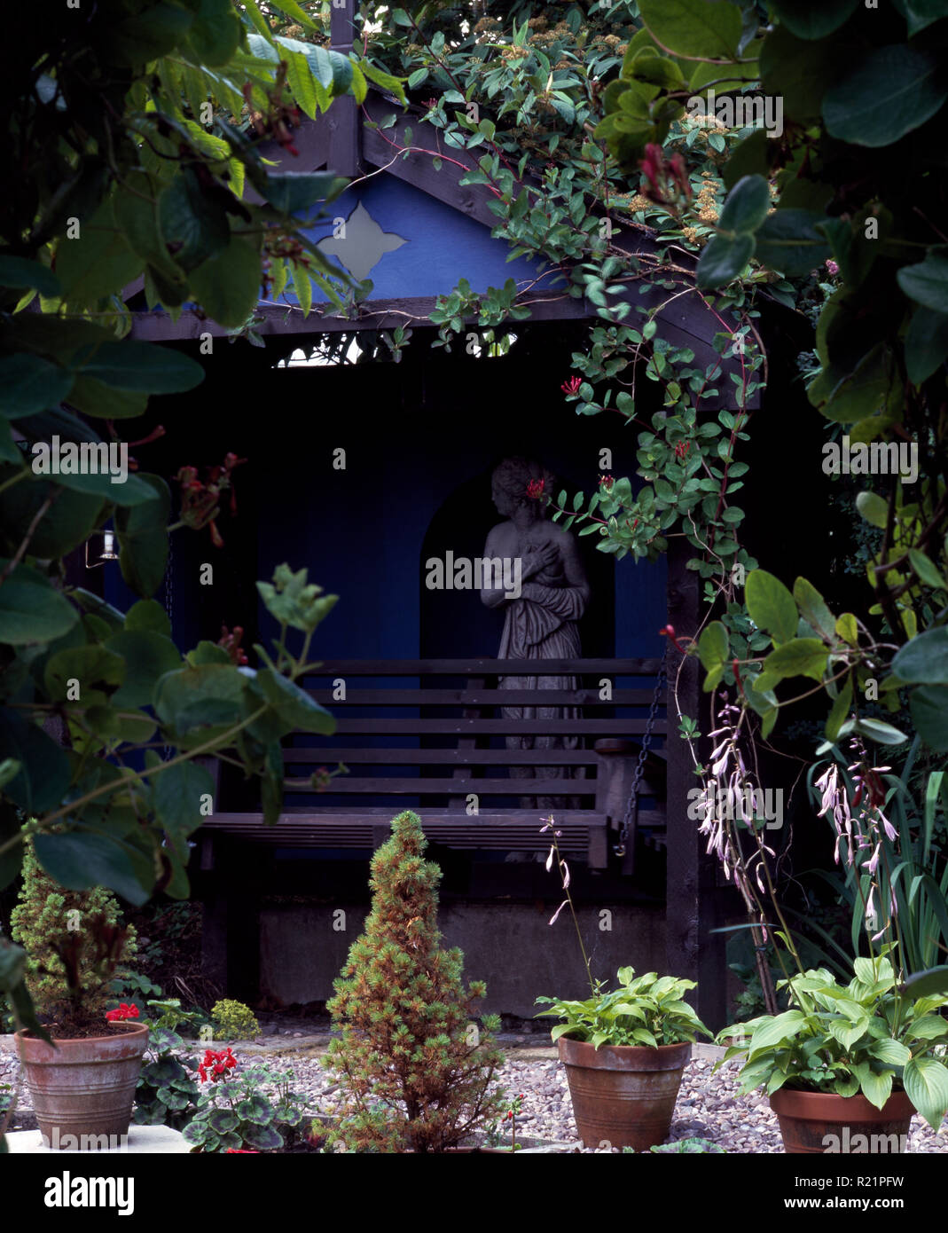 Green climbing plants around blue painted arbour with statue Stock Photo