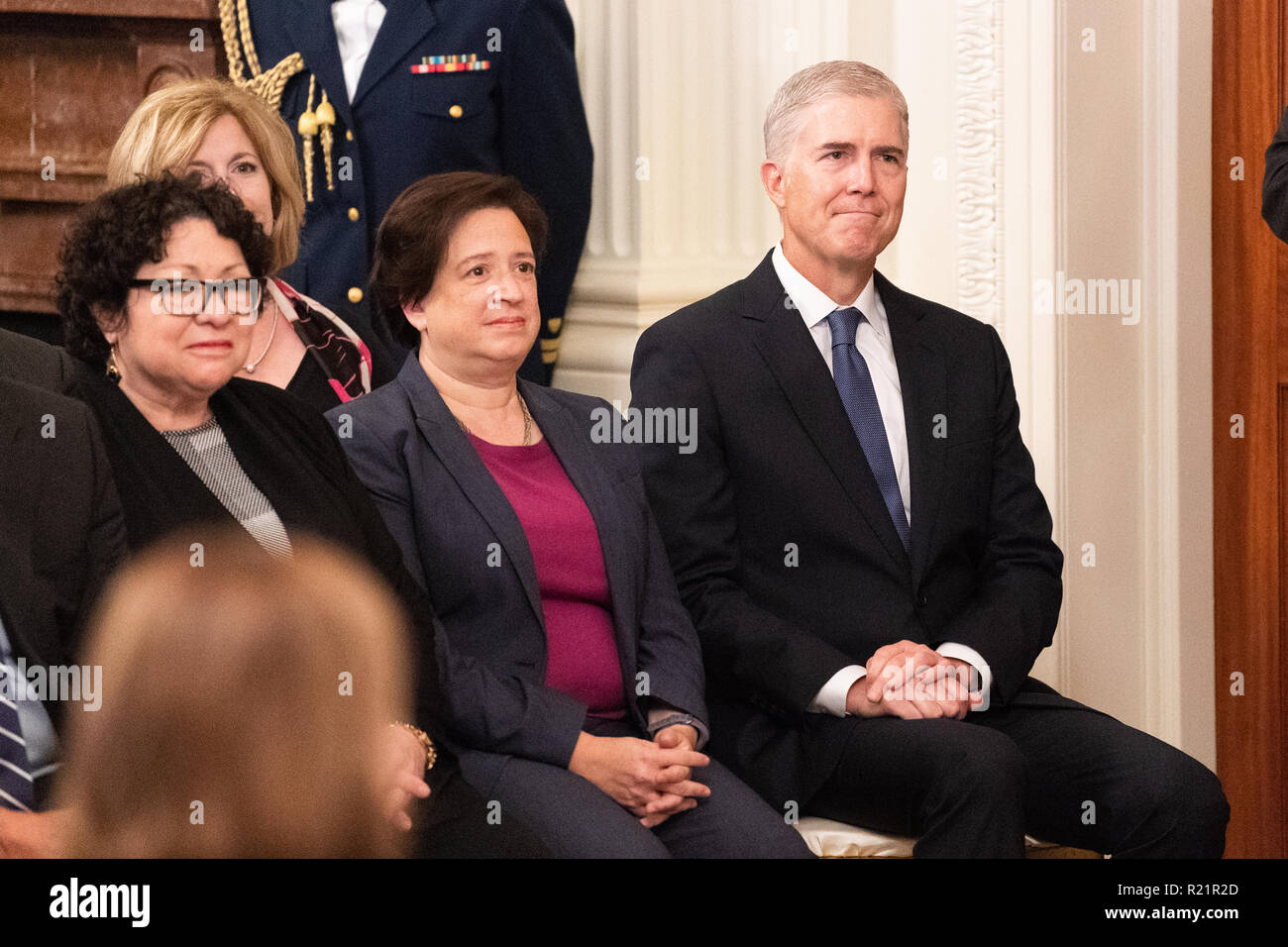 Supreme Court Justices Sonia Sotomayor, Elena Kagan and Neil Gorsuch at the swearing in of Brett Kavanaugh as an Associate Justice of the Supreme Cour Stock Photo