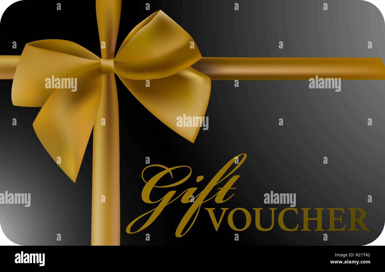 shiny black gift voucher card with gold colored ribbon Stock Vector