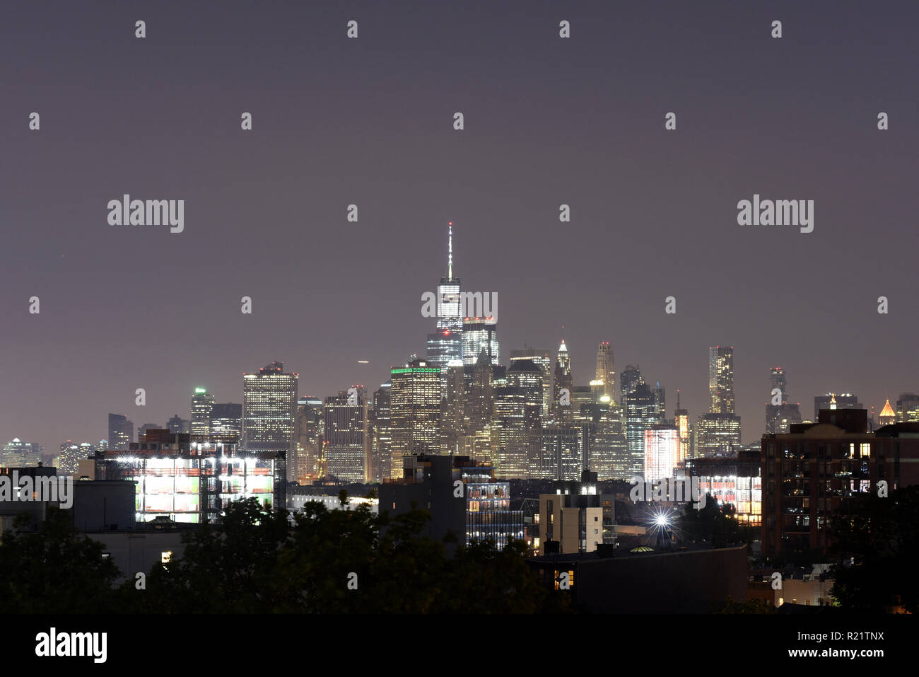 New York City, lower Manhattan, financial district at night, USA Stock ...