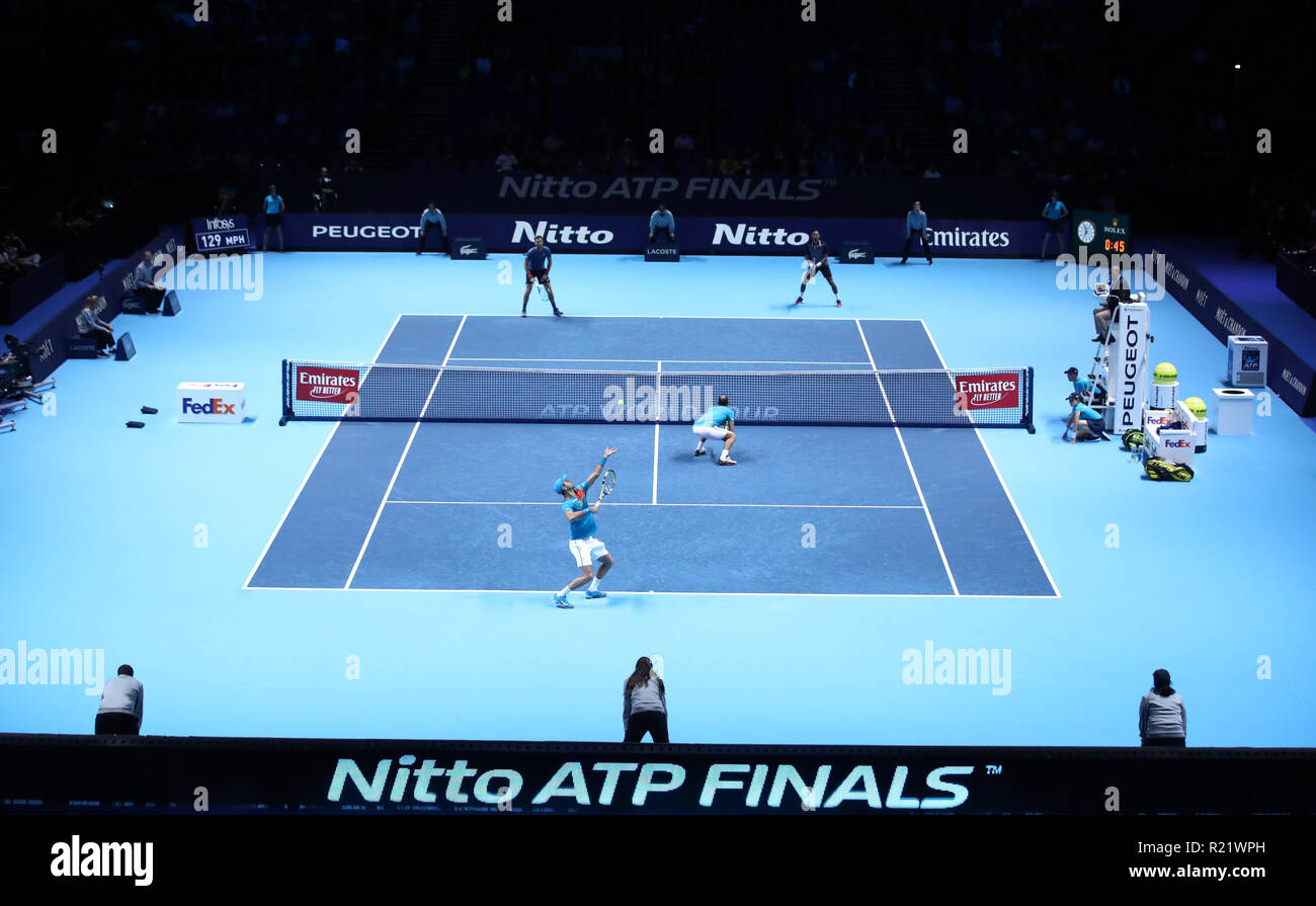 Juan Sebastian Cabal and Robert Farah (bottom) against Raven Klaasen and Michael Venus during the men's doubles match during day five of the Nitto ATP Finals at The O2 Arena, London. PRESS ASSOCIATION Photo. Picture date: Thursday November 15, 2018. See PA story TENNIS London. Photo credit should read: John Walton/PA Wire. . Stock Photo