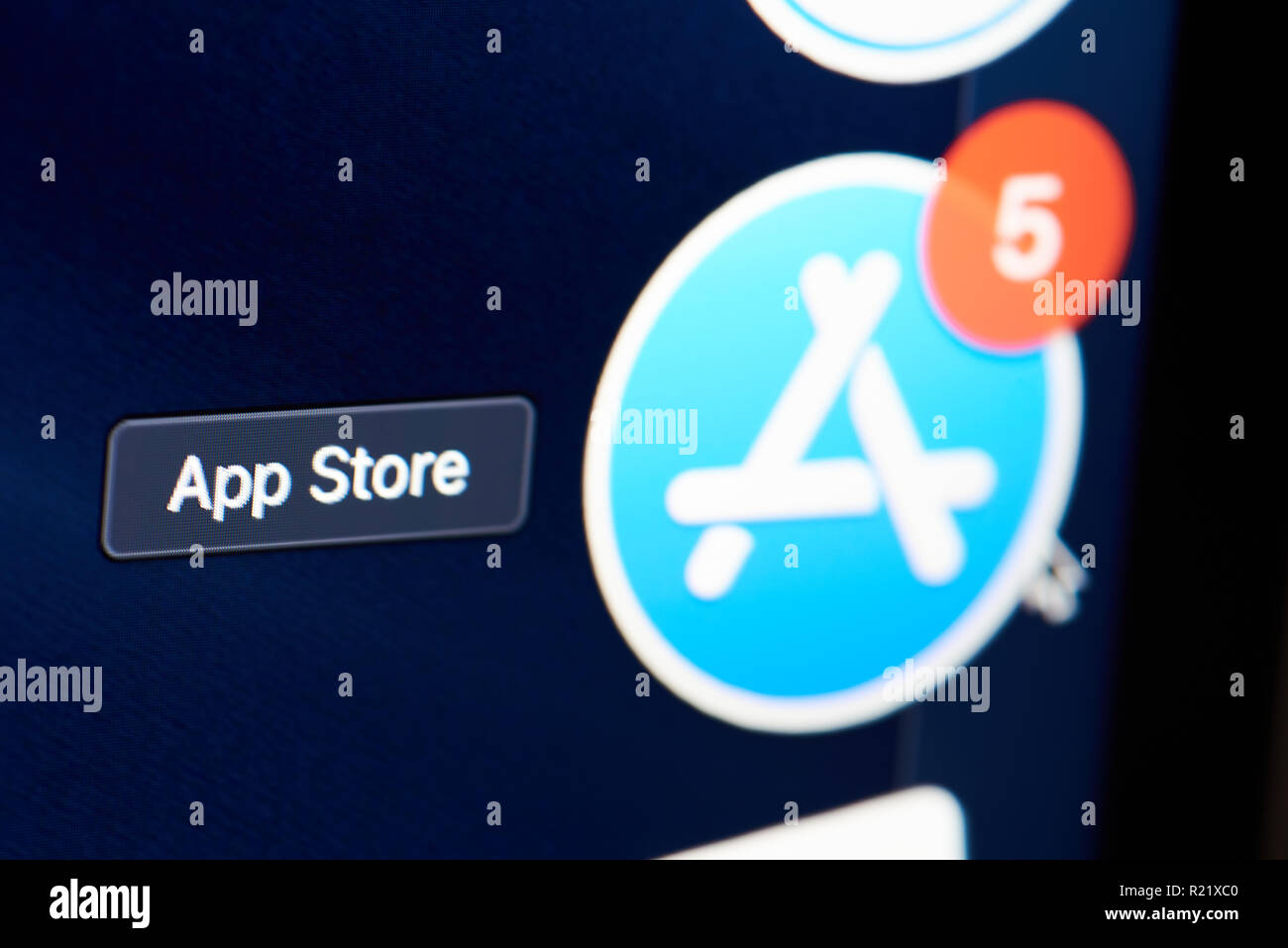 New york, USA - november 15, 2018:App store icon on device screen pixelated close up view Stock Photo