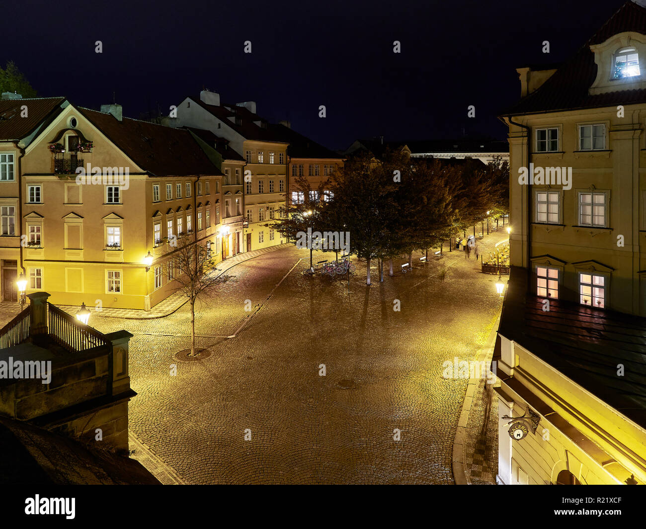 Prague, Czech Republic - October 30, 2018 View of Na Kampe Street from Saint Charles Bridge by night. Stock Photo