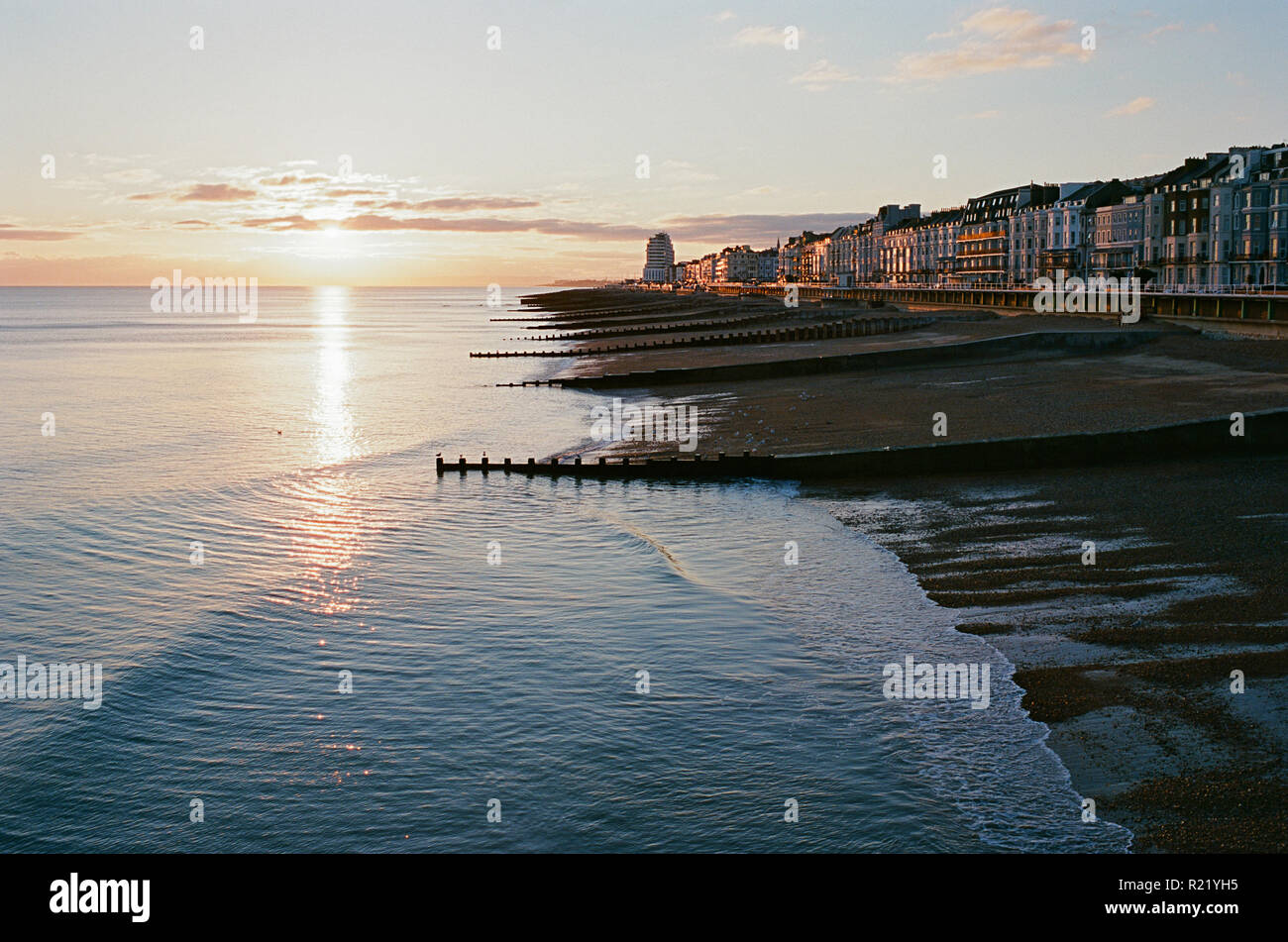Seafont at St Leonards On Sea, Hastings, East Sussex UK, at dusk, from Hastings Pier Stock Photo