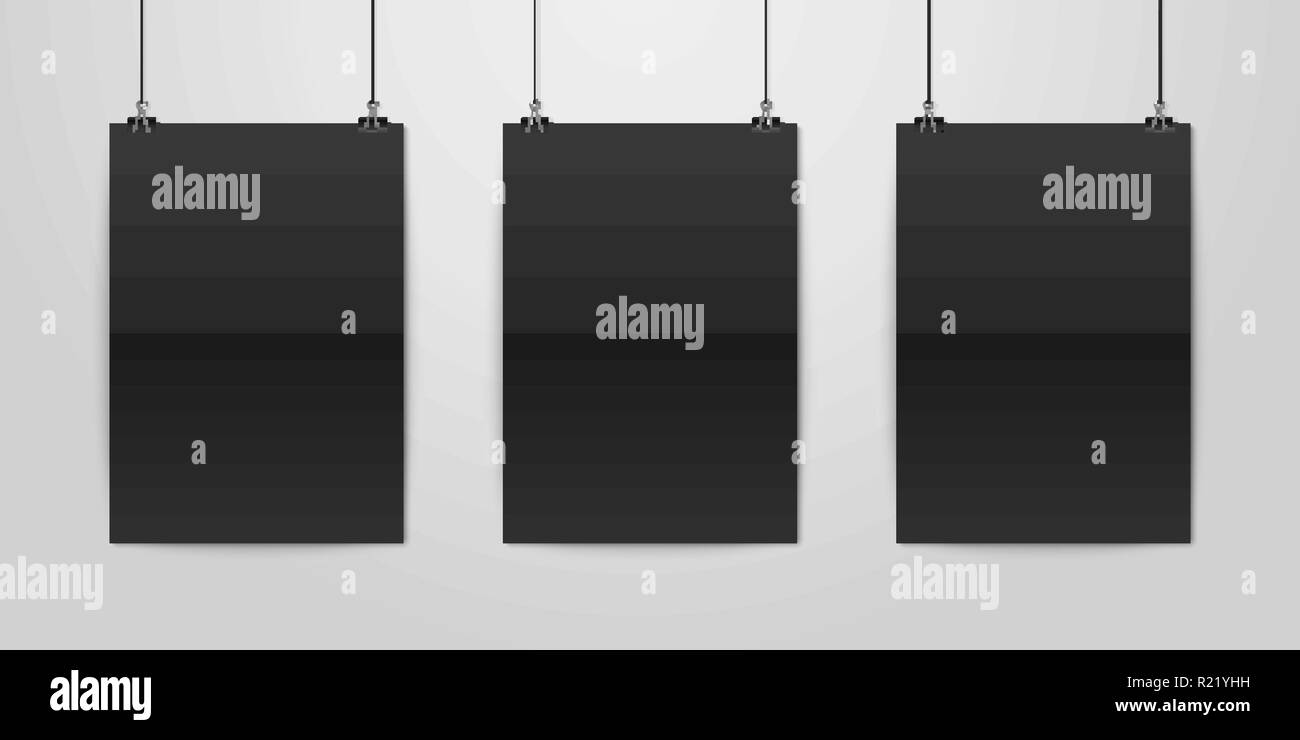 three vector realistic black blank vertical a4 folded paper poster